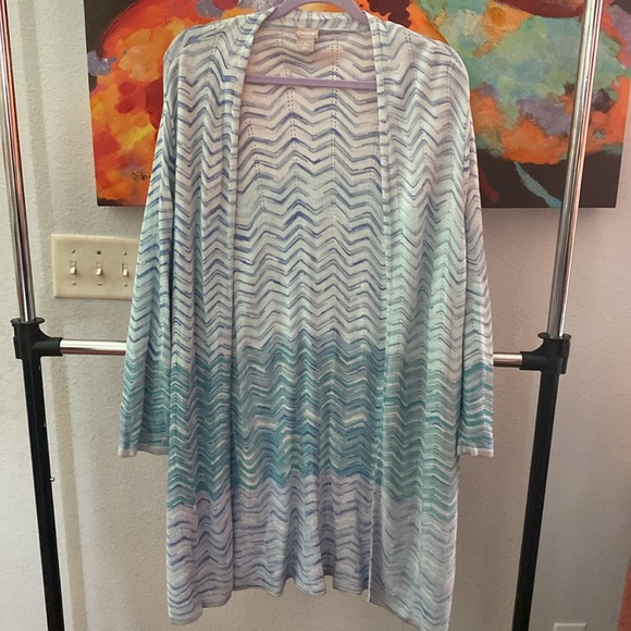 Chicos Sweater Set Cardigan Open Front + Tank Stripe LS Pattern Blue Multi Sz 4 - Picture 5 of 6